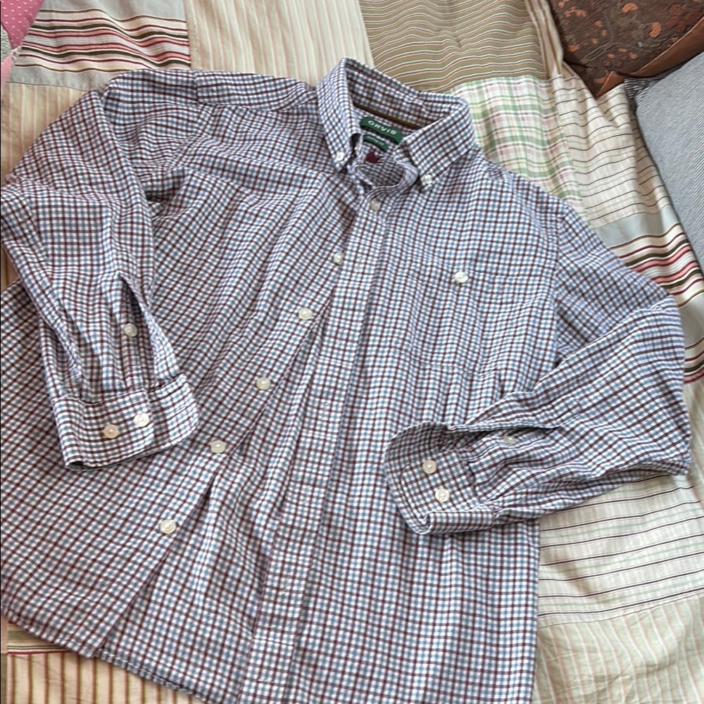 Orvis Men's Checkered Shirt - Blue and White size M